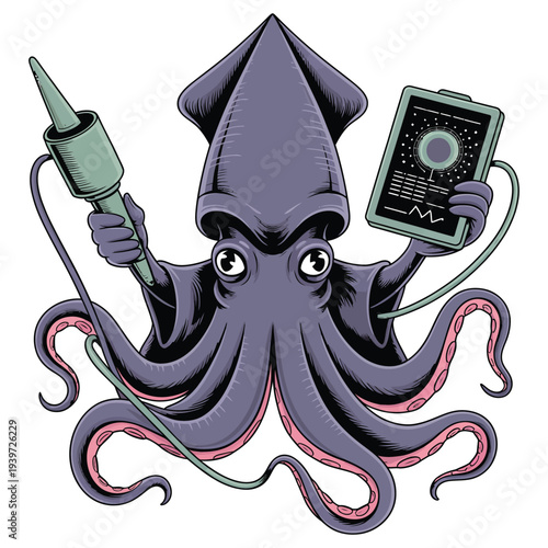 Squid character scientist with tentacles holding medical syringe and tablet device looking at futuristic display
