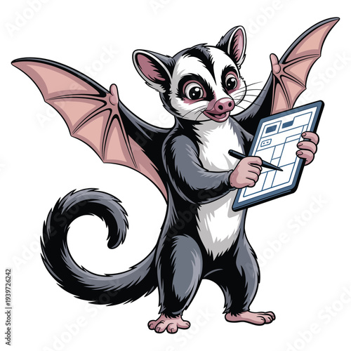 Sugar glider with wings holding tablet and pen, cartoon illustration, flying squirrel creating blueprint, cute animal architect designing project