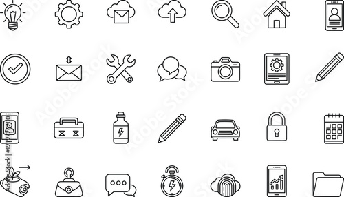 A collection of various icons and symbols for business and communication on a white background