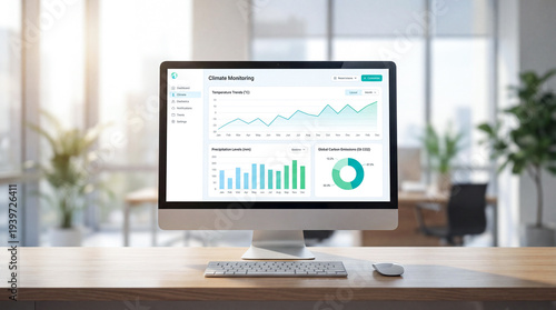 Modern desktop computer on wooden desk displaying climate monitoring dashboard with temperature trends, precipitation levels, and global carbon emissions charts.
