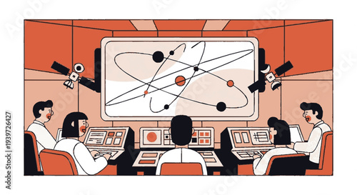 Scientists in white lab coats operate computer systems in a control room with a large screen displaying an atomic model