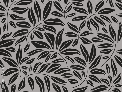 Seamless black and grey floral background with leaves. Hand drawn minimal abstract organic shapes pattern. Vector grey abstact pattern with black leaves.