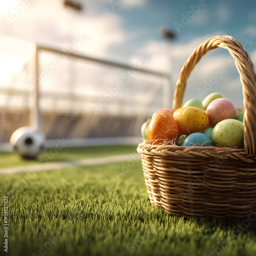 Easter basket with colorful eggs on spring grass at a soccer field, ball and goal behind, warm morning sunlight, bright seasonal sports scene.