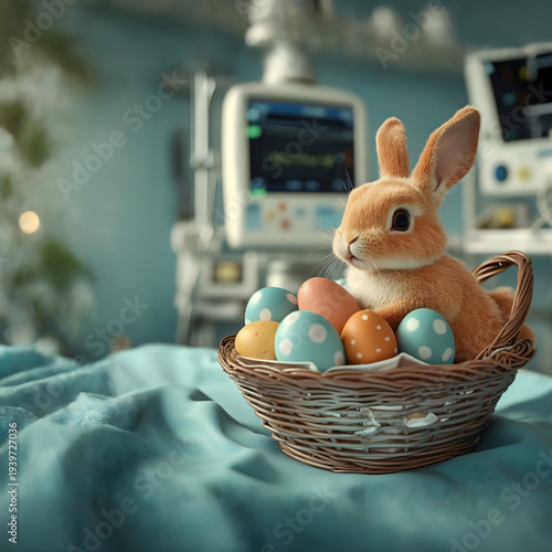 Colorful Easter eggs in a basket with rabbit inside a hospital with medical appliances in the background. Concept of Easter celebration during working.