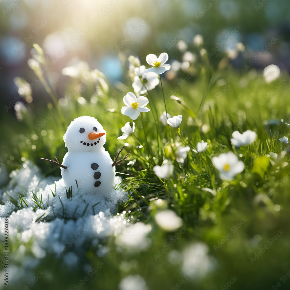 Obraz premium Snowman on a meadow with grass and spring flowers growing through the melting snow. Concept of spring coming and winter leaving.