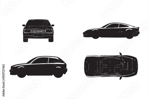 Diverse car silhouettes front top and side views black and white vector illustrations