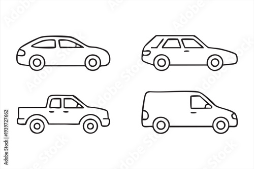 Assorted car and vehicle outlines including pickup truck and van vector art
