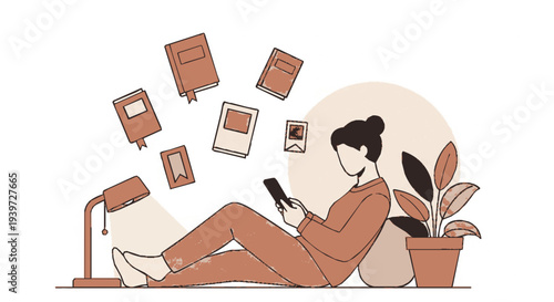 Woman relaxing on floor with smartphone and floating photos near plant and lamp