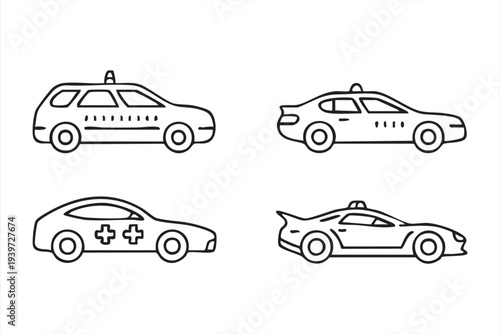 Assortment of special vehicle outline icons taxi ambulance police sports car vector