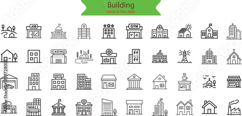 Building web icons in line style. Hotel, hospital, apartament, city, town house, mall, coffee, collection.