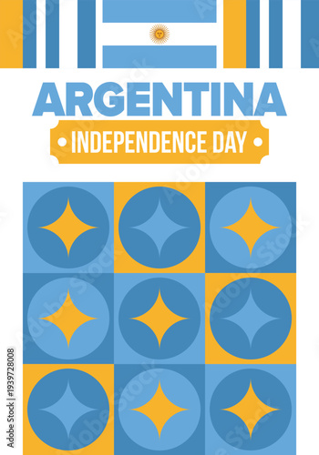 Argentina National Day. Happy holiday. Independence and freedom day. Celebrate annual. Argentina flag. Patriotic argentine design. Poster, card, banner, template, background. Vector illustration