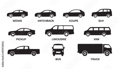 Collection of various car types and vehicles including sedan hatchback coupe suv pickup van and truck