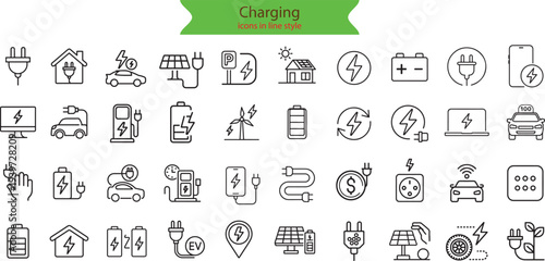 Charging web icons in line style. Charging, charging station, battery, electricity, wireless charging, electric car, collection.