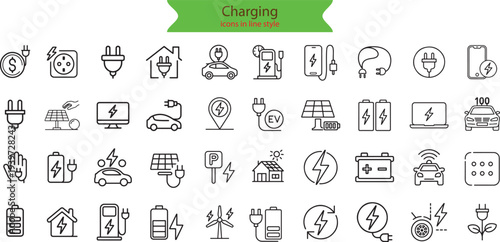 Charging web icons in line style. Charging, charging station, battery, electricity, wireless charging, electric car, collection.