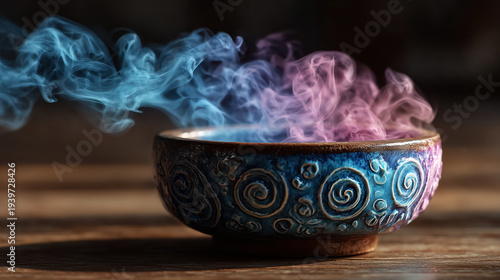 Vibrant vapors in artistic vessel. Luminous smoky display with swirling pigments in artistic ceramic bowl. Dazzling smoke scene featuring vibrant colors swirling within decorative ceramic container
