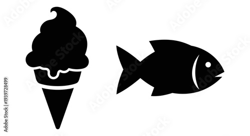 Black silhouette vector icons of a melting ice cream cone and a fish, ideal for food menus, restaurant branding, or dietary preference graphics.