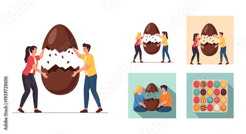 Set of 5 vector illustrations depicting people breaking and sharing a large chocolate Easter egg, alongside a top-down view of colorful mini chocolate eggs in a tray