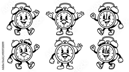 alarm clock, cute retro cartoon style vector set , white background , PNG and SVG isolate
