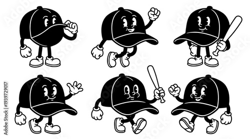 baseball cap, cute retro cartoon style vector set , white background , PNG and SVG isolate