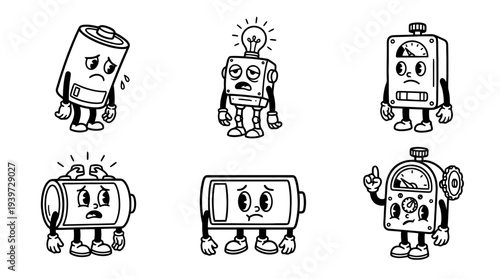 battery low, cute retro cartoon style vector set , white background , PNG and SVG isolate