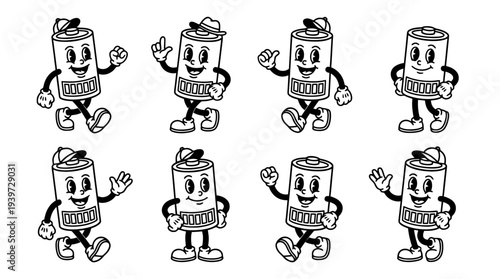 battery full, cute retro cartoon style vector set , white background , PNG and SVG isolate