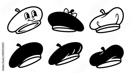 beret, cute retro cartoon style vector set , white background , PNG and SVG isolate