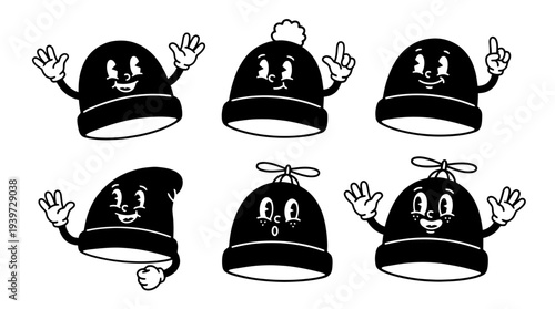 beanie hat, cute retro cartoon style vector set , white background , PNG and SVG isolate