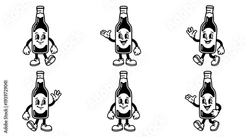 beer bottle, cute retro cartoon style vector set , white background , PNG and SVG isolate