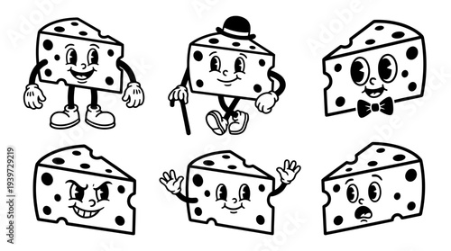 cheese wedge, cute retro cartoon style vector set , white background , PNG and SVG isolate