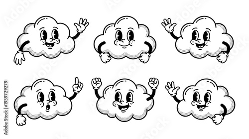 cloud, cute retro cartoon style vector set , white background , PNG and SVG isolate