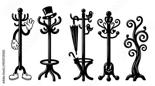 coat rack, cute retro cartoon style vector set , white background , PNG and SVG isolate
