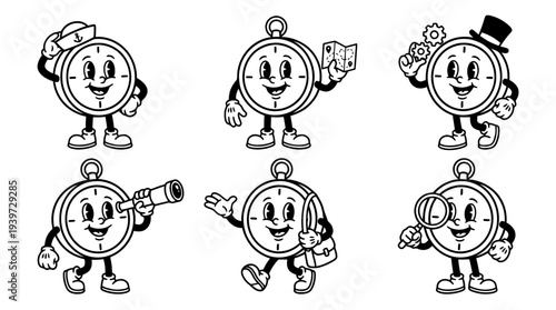 compass, cute retro cartoon style vector set , white background , PNG and SVG isolate