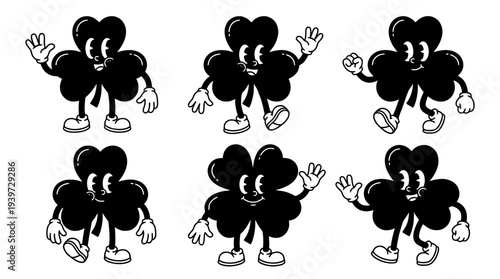 clover leaf, cute retro cartoon style vector set , white background , PNG and SVG isolate