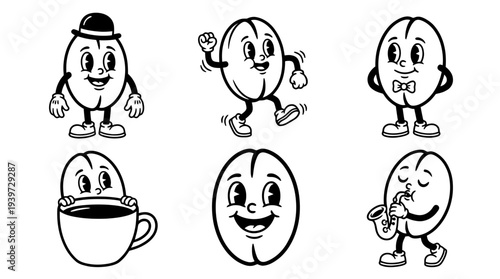 coffee bean, cute retro cartoon style vector set , white background , PNG and SVG isolate