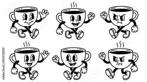 coffee cup, cute retro cartoon style vector set , white background , PNG and SVG isolate