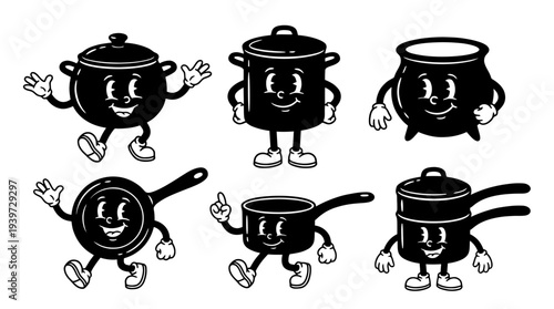 cooking pot, cute retro cartoon style vector set , white background , PNG and SVG isolate