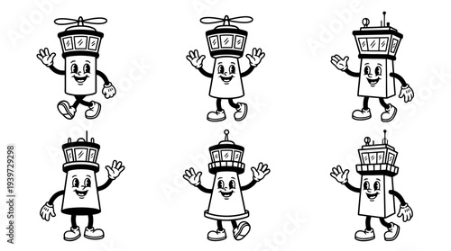 control tower, cute retro cartoon style vector set , white background , PNG and SVG isolate