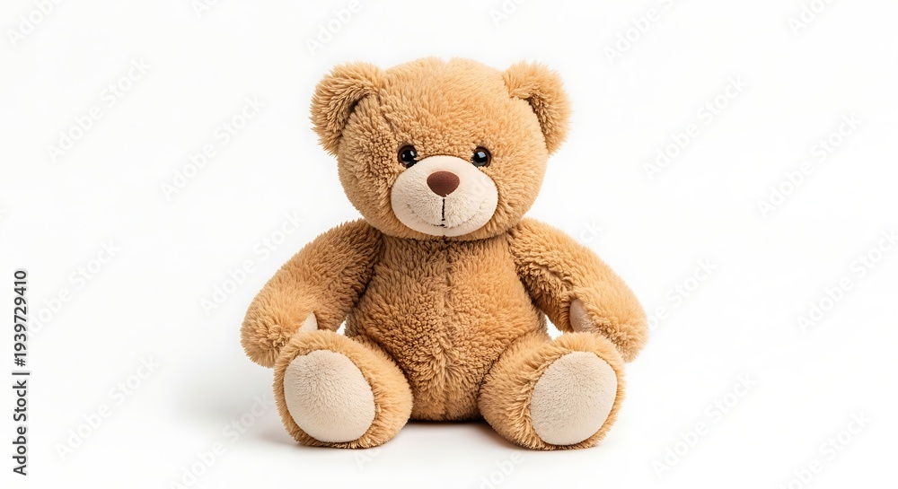 Obraz premium A brown teddy bear sitting on a white surface looks directly at the camera.