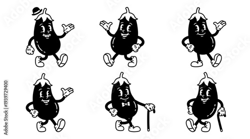 eggplant, cute retro cartoon style vector set , white background , PNG and SVG isolate