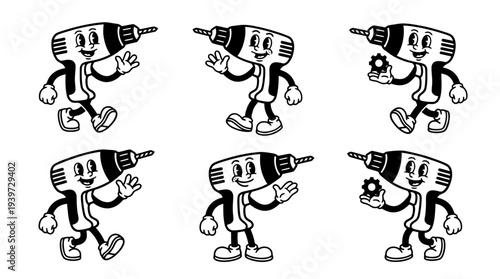 electric drill, cute retro cartoon style vector set , white background , PNG and SVG isolate