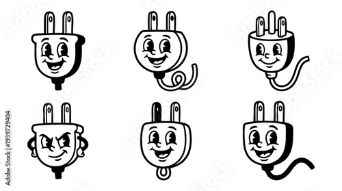 electric plug icon, cute retro cartoon style vector set , white background , PNG and SVG isolate
