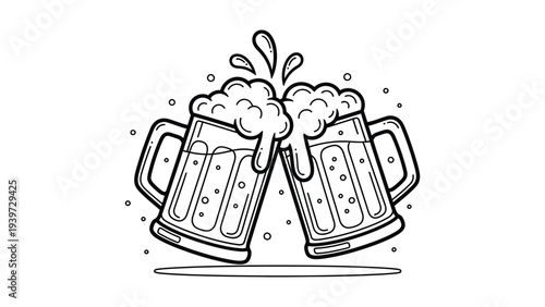 Two beer mugs cheering with foam, black and white illustration