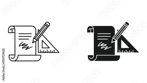Architectural blueprint with pencil and triangle ruler icon set