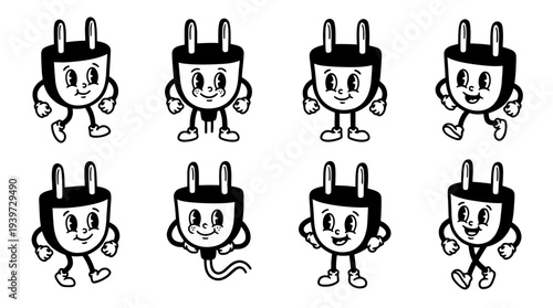electric plug, cute retro cartoon style vector set , white background , PNG and SVG isolate