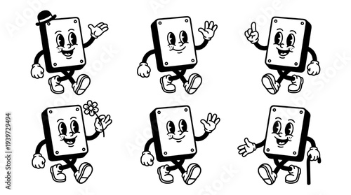 external hard drive, cute retro cartoon style vector set , white background , PNG and SVG isolate