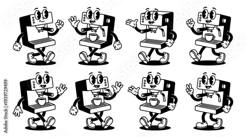 espresso machine, cute retro cartoon style vector set , white background , PNG and SVG isolate