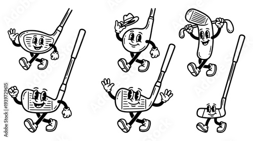golf club, cute retro cartoon style vector set , white background , PNG and SVG isolate