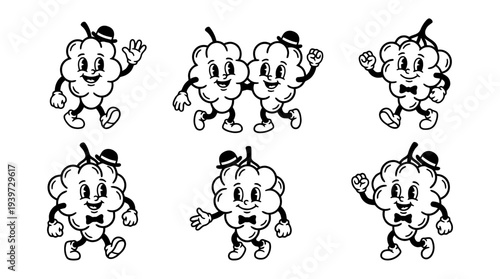 grapes, cute retro cartoon style vector set , white background , PNG and SVG isolate