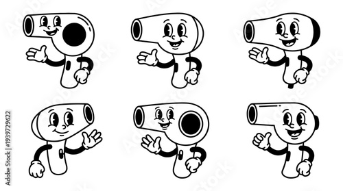 hair dryer, cute retro cartoon style vector set , white background , PNG and SVG isolate