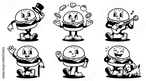 hamburger, cute retro cartoon style vector set , white background , PNG and SVG isolate